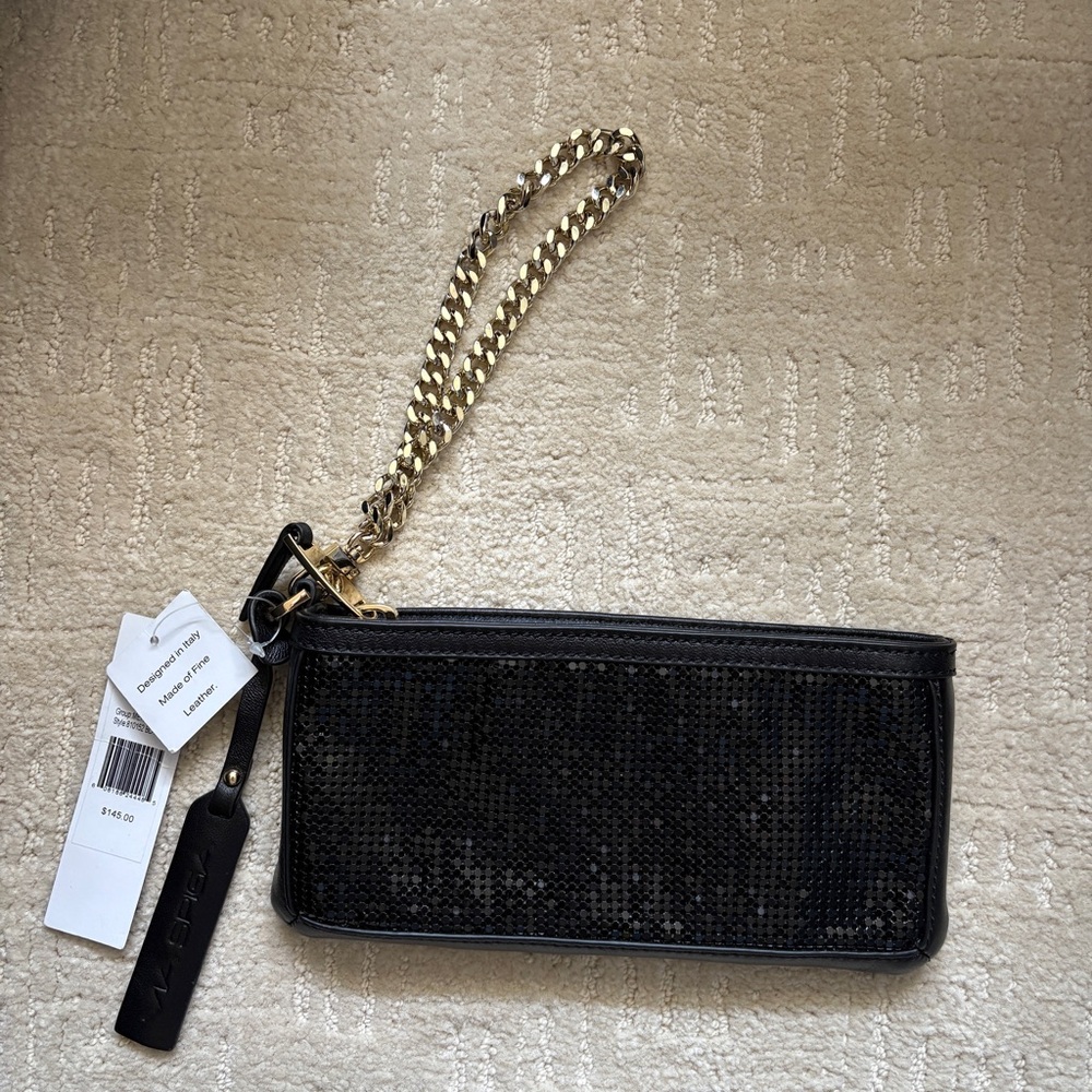 NWT Via Spiga Black Leather Wristlet with Metal Mesh